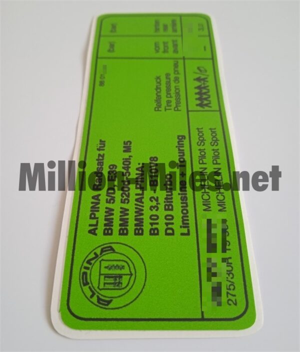 Alpina Tire Pressure E39 Models #1255