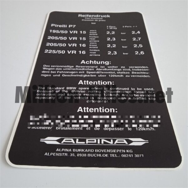 BMW Alpina tire pressure Trunk lid (Large) #1637