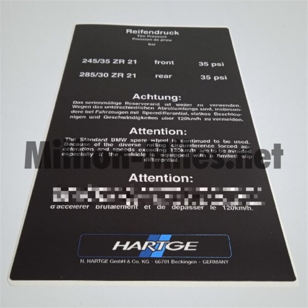 BMW Hartge 2000+ tire pressure Trunk lid (Large) #1638